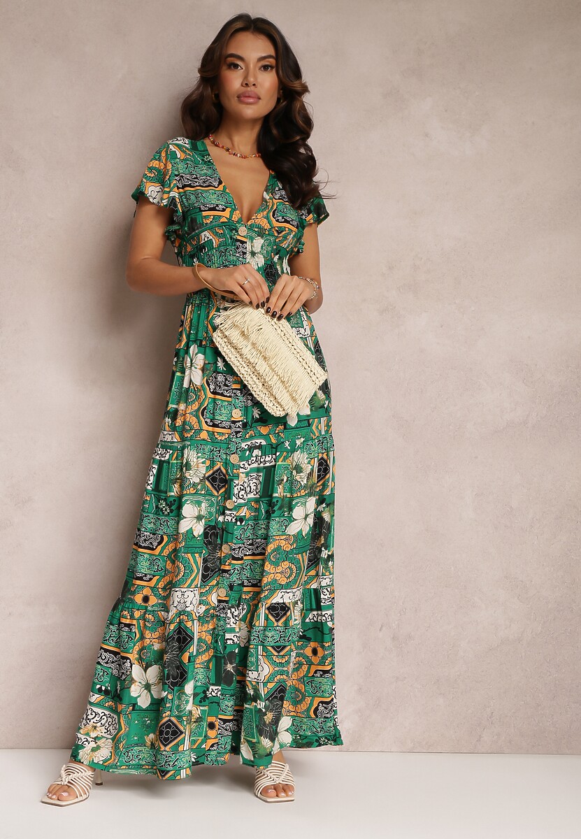 Zielona Sukienka z Wiskozy Maxi z Gumką w Pasie Weha