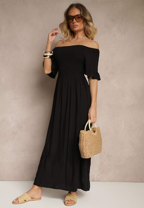 Czarna Rozkloszowana Sukienka Hiszpanka z Bawełny z Elastyczną Górą Maissa