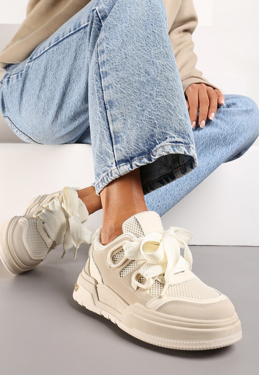 Beżowe Sneakersy na Grubej Podeszwie z Ozdobnymi Sznurówkami Zeldema
