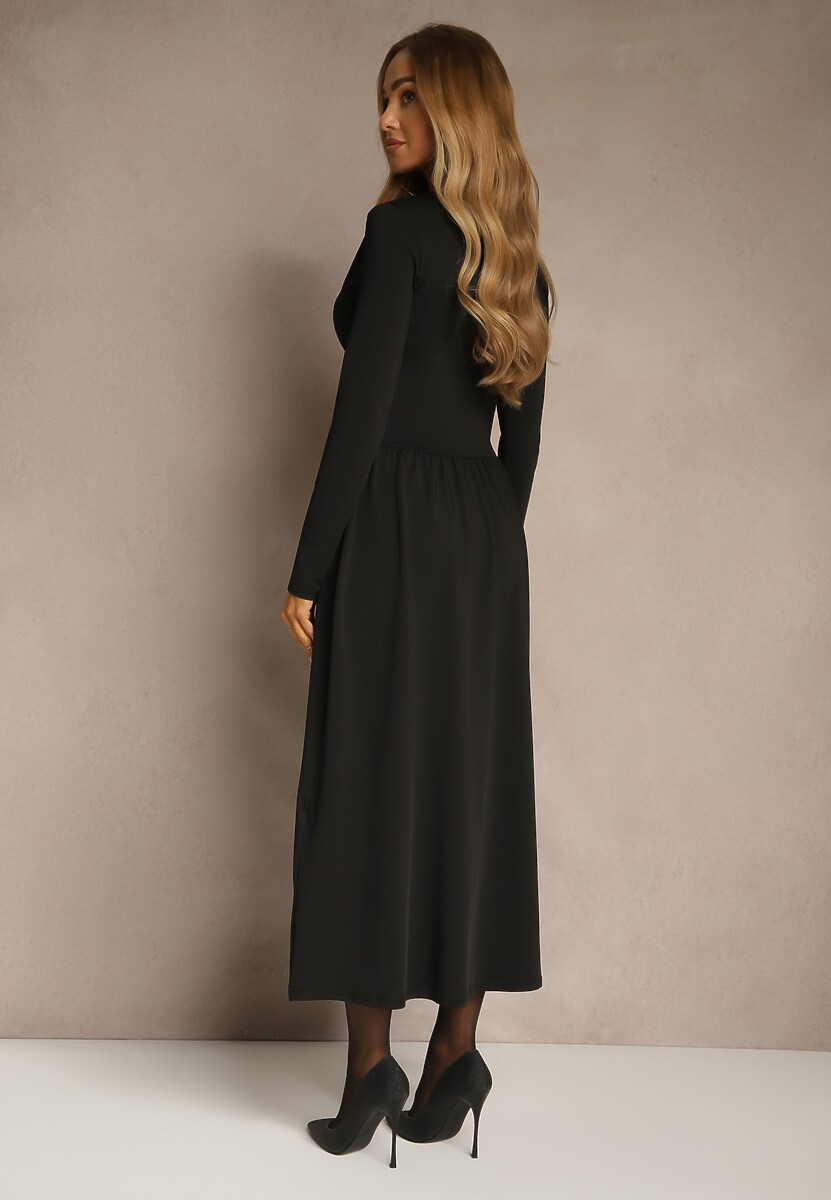 Czarna Taliowana Sukienka Longsleeve z Wiskozą z Marszczeniem i Dekoltem V Elirie
