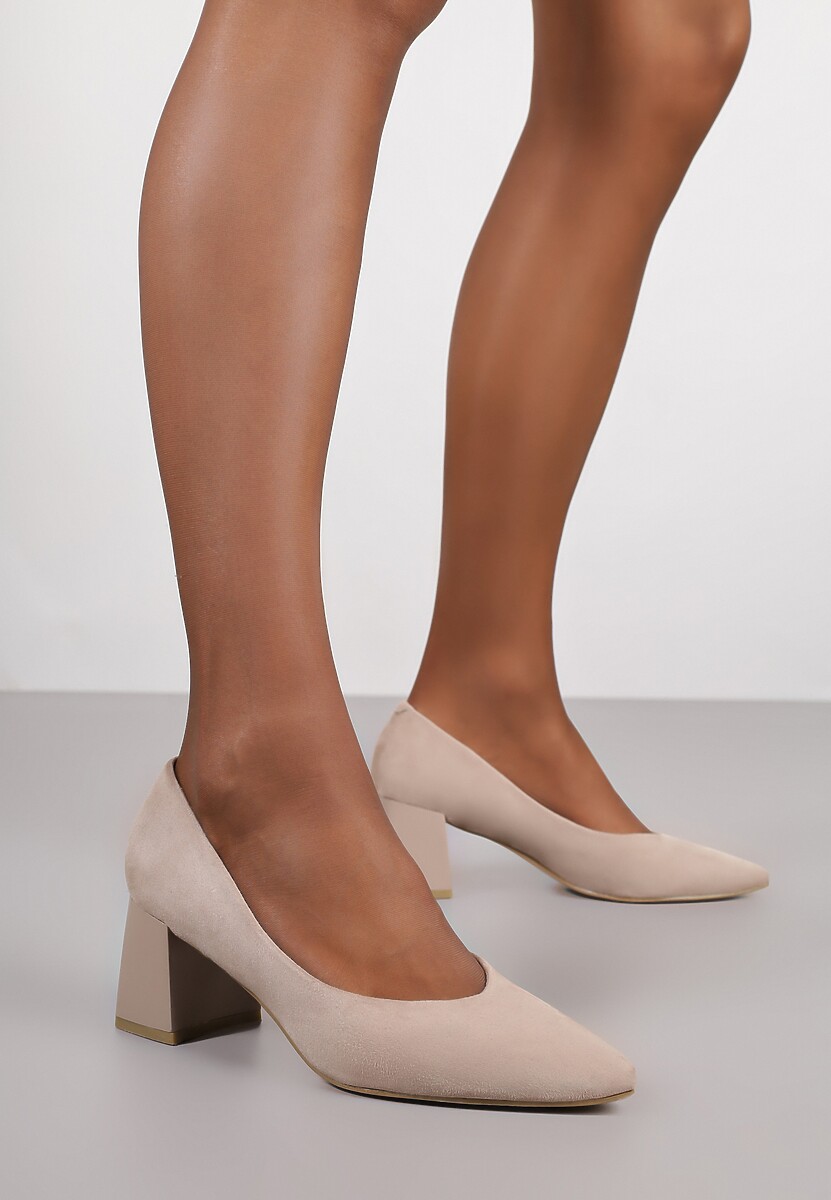 Ciemnobeżowe Czółenka Vices na Stożku z Wkładką ze Skóry Naturalnej Esande