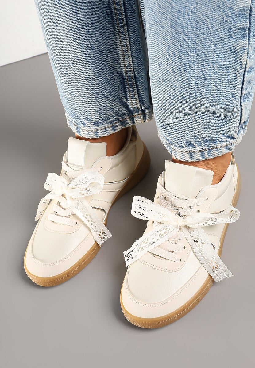 Beżowe Sneakersy Typu Kultowe Tenisówki z Ozdobną Odpinaną Kokardą Korilinda