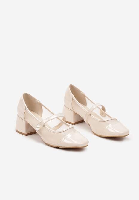 Beżowe Czółenka Lakierowane na Słupku z Przezroczystą Wstawką i Perełką Sinnalia