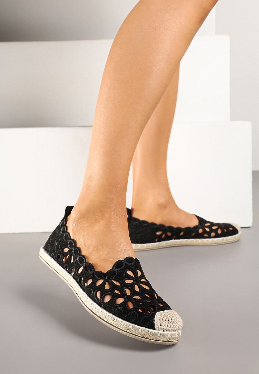 Czarne Ażurowe Espadryle z Plecionym Noskiem Merovianna