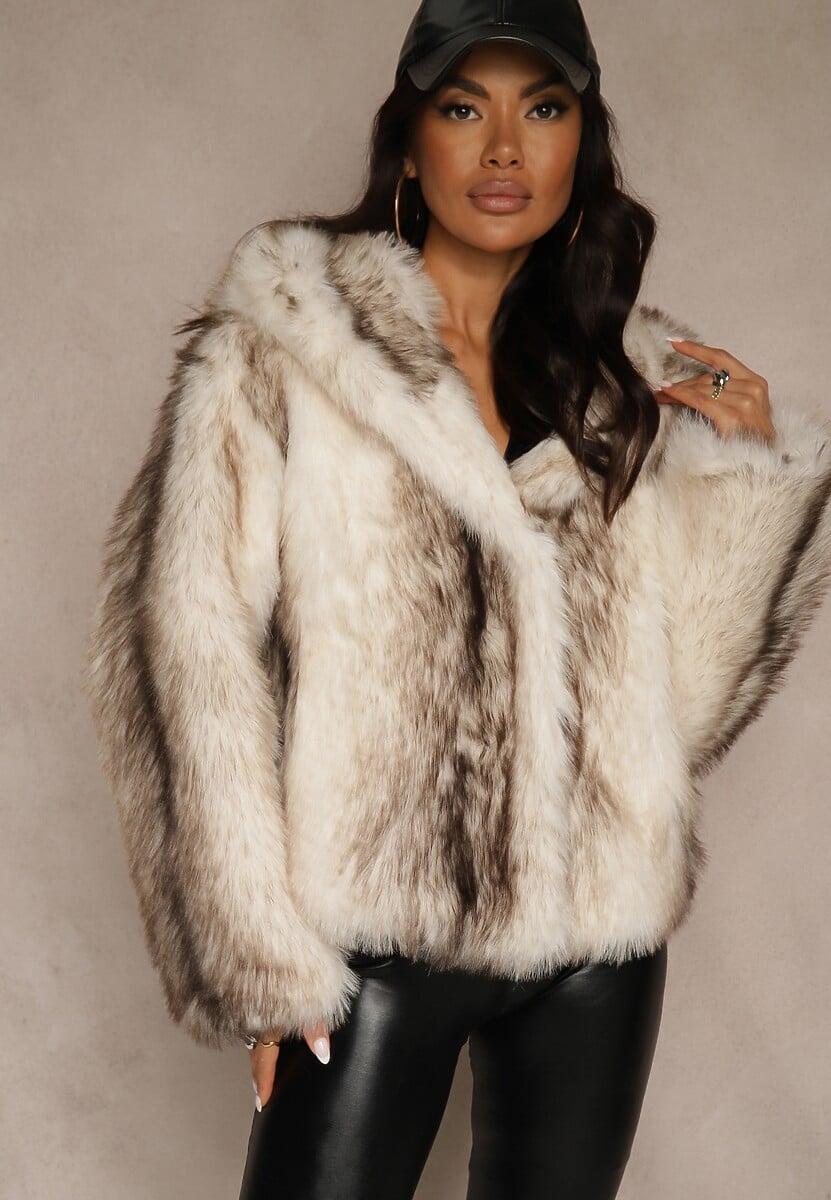 Brązowa Kurtka Futerko z Nieodpinanym Kapturem Tusnema