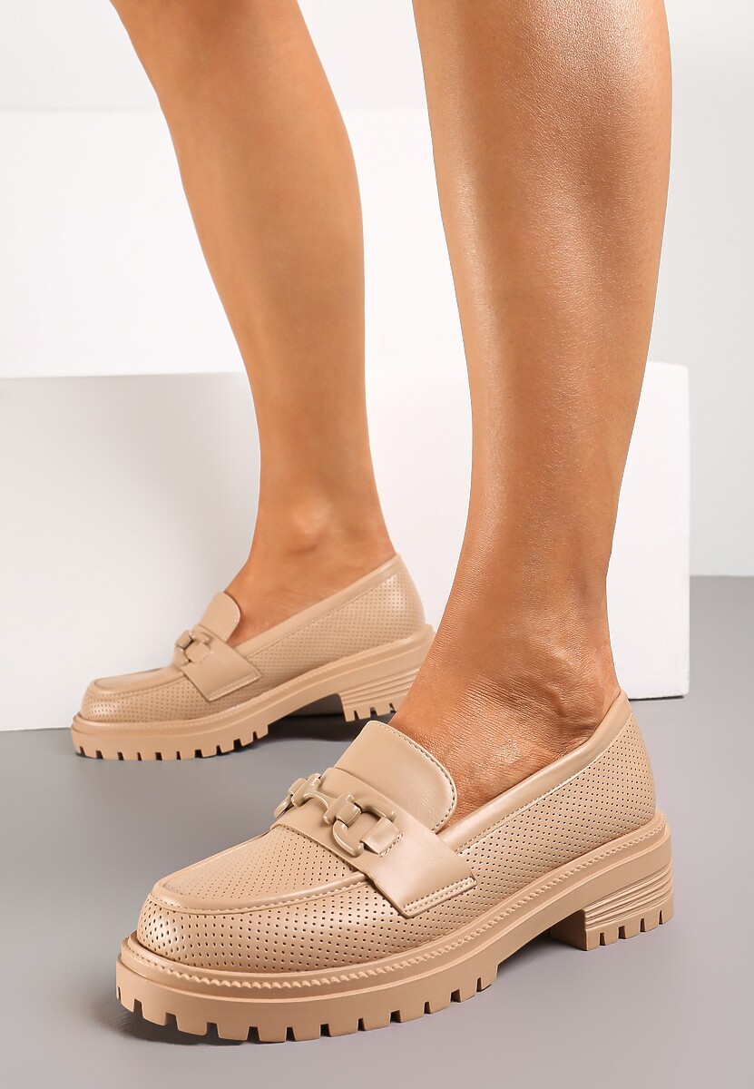 Ciemnobeżowe Mokasyny na Płaskim Obcasie z Klamerką i Dziurkowaniem Aielsit