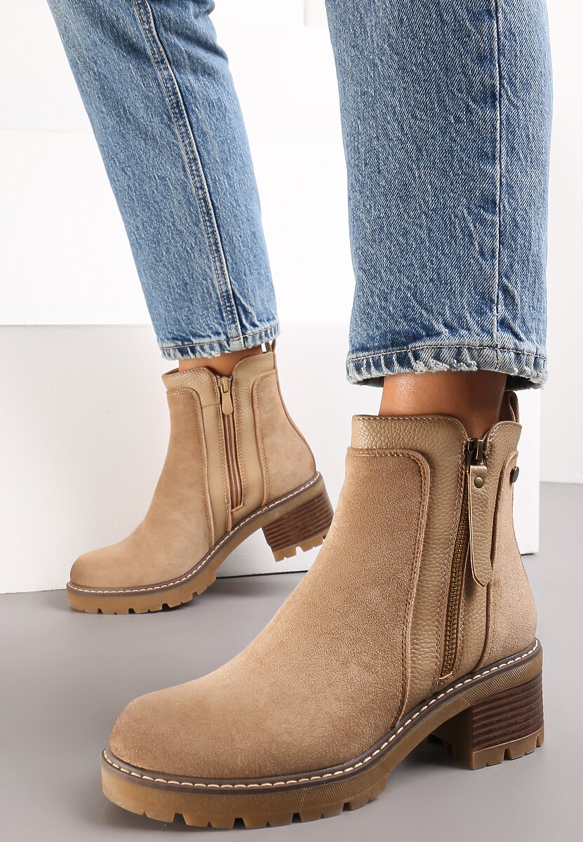 Beżowe Klasyczne Botki na Obcasie z Dekoracyjnym Suwakiem Vanim