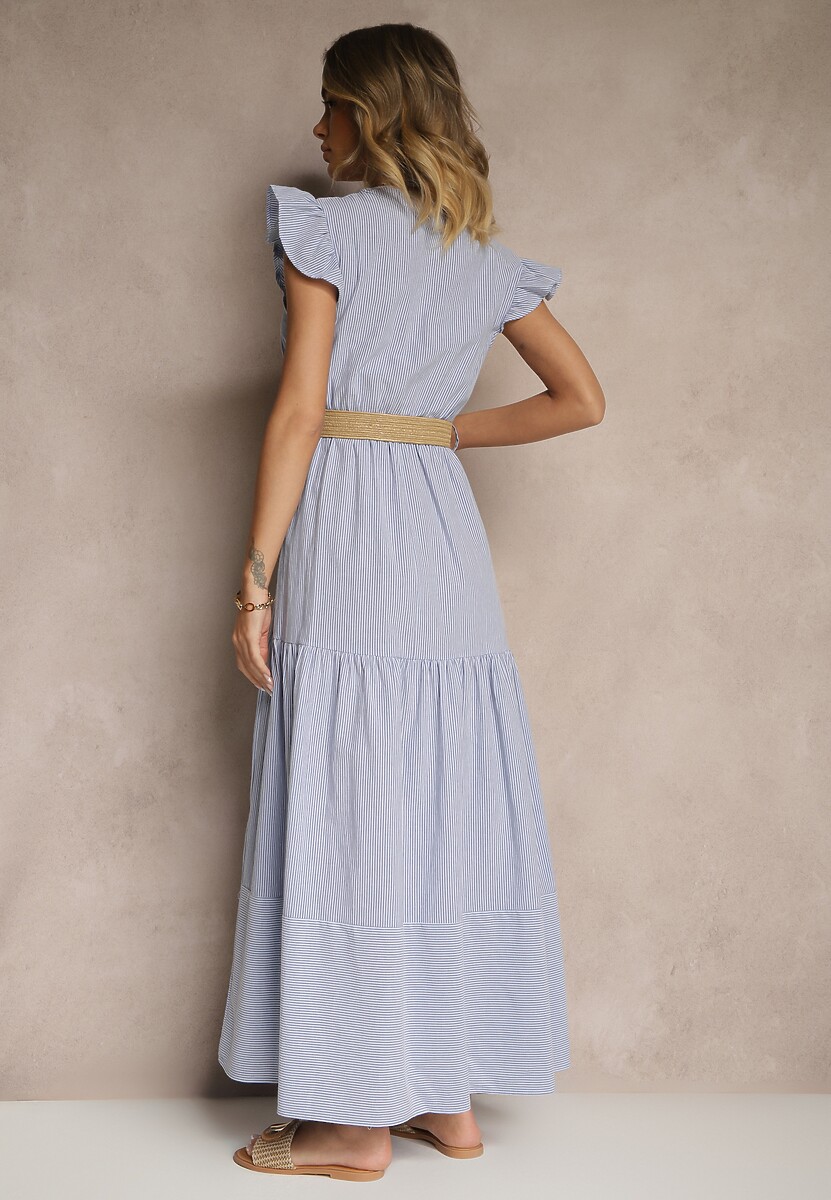 Niebieska Rozkloszowana Sukienka z Bawełny w Stylu Boho z Paskiem z Klamrą Iffarisa