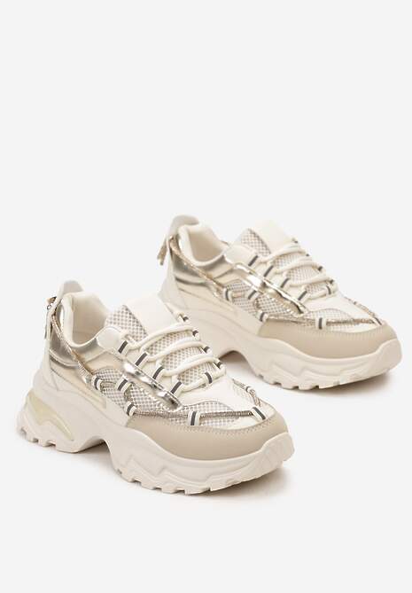 Beżowe Sneakersy z Metalicznymi Wstawkami na Niskiej Platformie z Ozdobnym Sznurkiem Oiriema