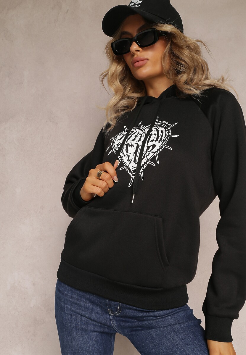 Granatowa Klasyczna Bluza z Nadrukiem na Przodzie i Kapturem Inalle