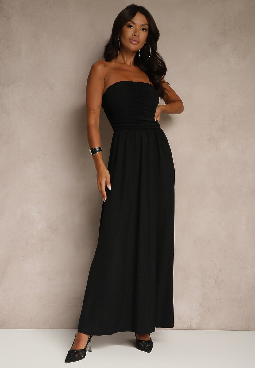 Czarna Marszczona Koktajlowa Sukienka Bandeau z Wiskozą Nalirion