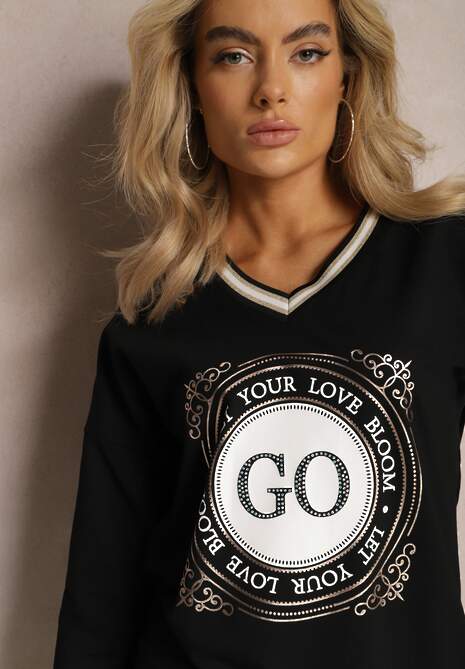 Czarna Bluzka Ozdobiona Nadrukiem z Cyrkoniami i Rękawem 3/4 Vodila