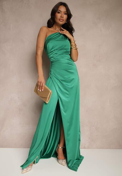 Zielona Marszczona Sukienka o Asymetrycznym Kroju z Rozcięciem Taliona