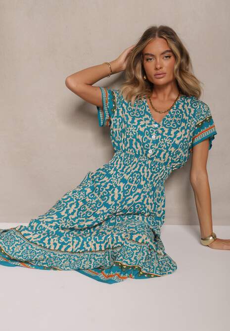 Jasnozielona Sukienka z Bawełny z Gumką w Pasie i Ozdobnymi Guzikami Natifarela