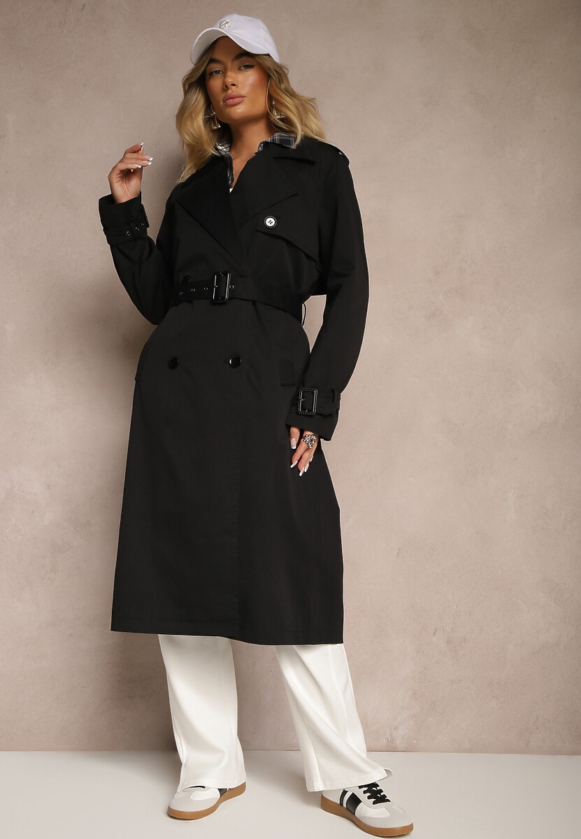 Czarny Dwurzędowy Płaszcz Trencz Ozdobiony Regulowanymi Paskami na Rękawach i w Talii Irisae