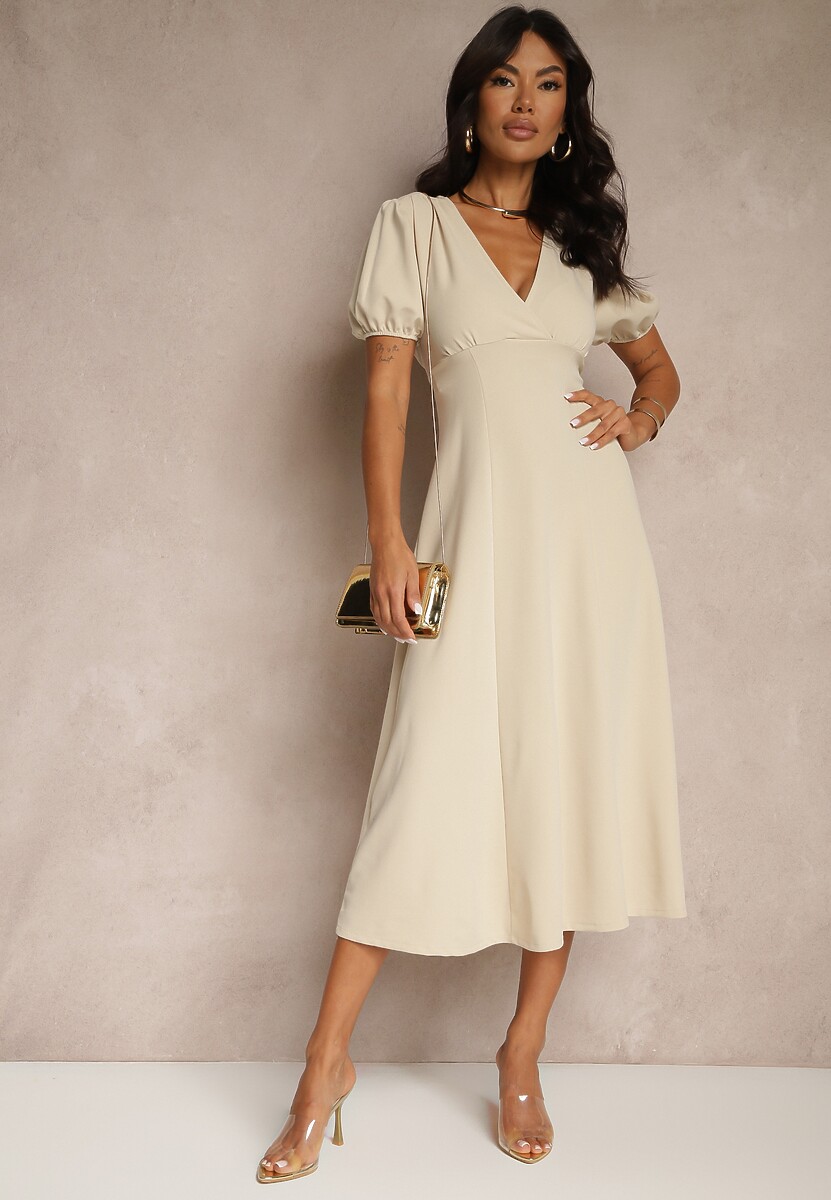 Beżowa Rozkloszowana Sukienka Koktajlowa Ozdobiona Wiązaniem Ziverine