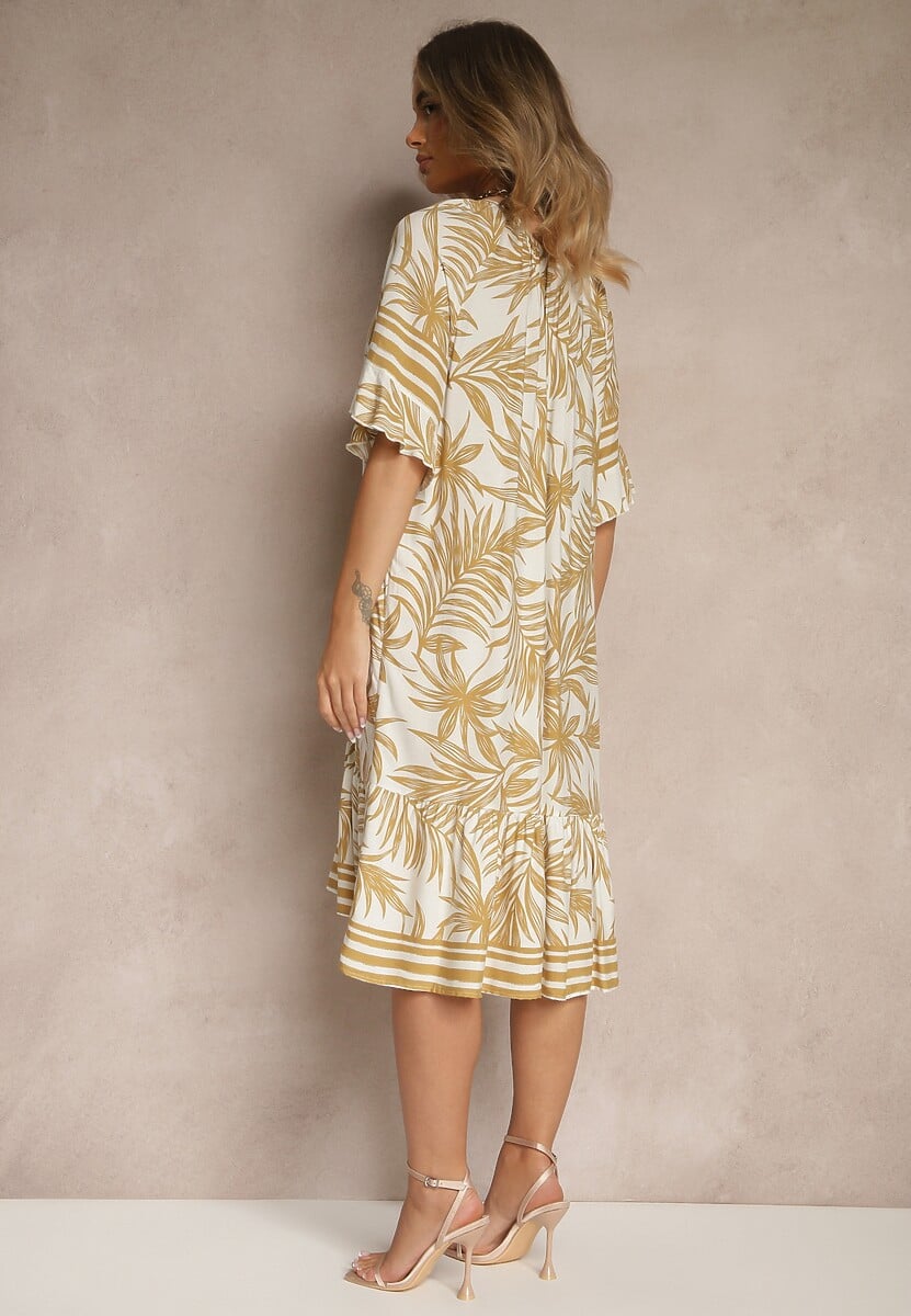 Beżowa Pudełkowa Sukienka Zdobiona Roślinnym Printem i Wiązaniem przy Dekolcie Miranissa