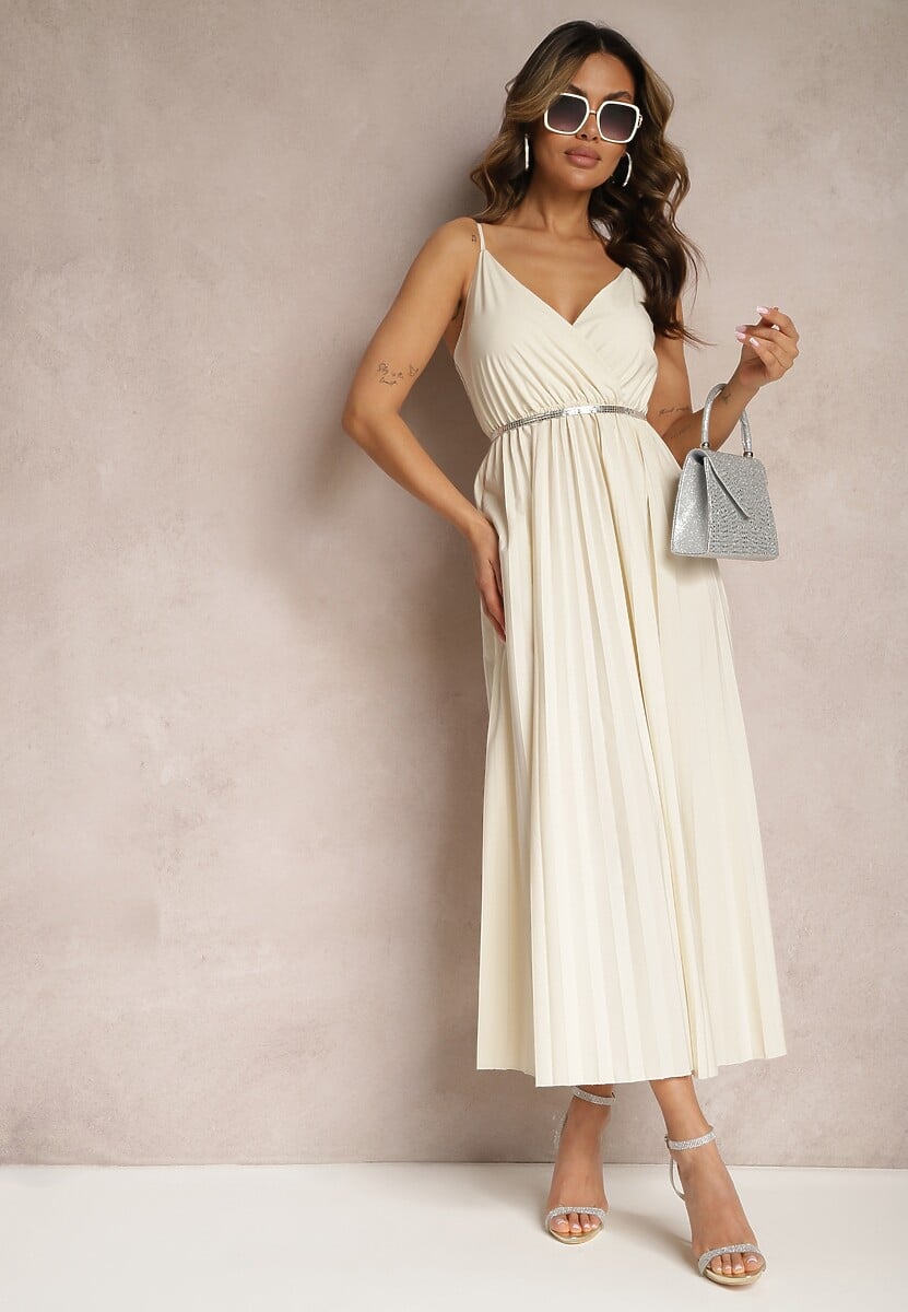 Fioletowa Długa Sukienka Kopertowa o Rozkloszowanym Kroju na Ramiączkach Kaemera