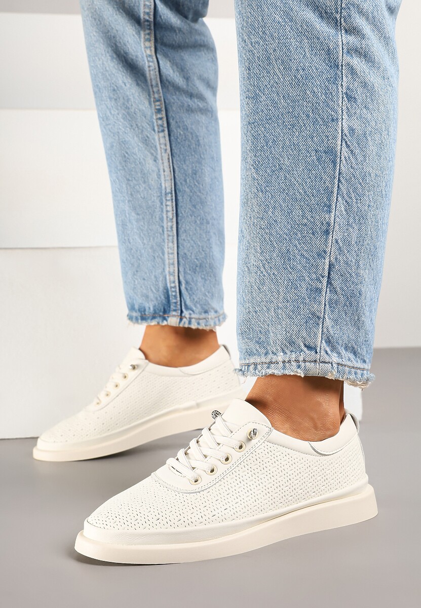 Beżowe Sneakersy Skórzane z Perforacją i Ozdobą Neorielina