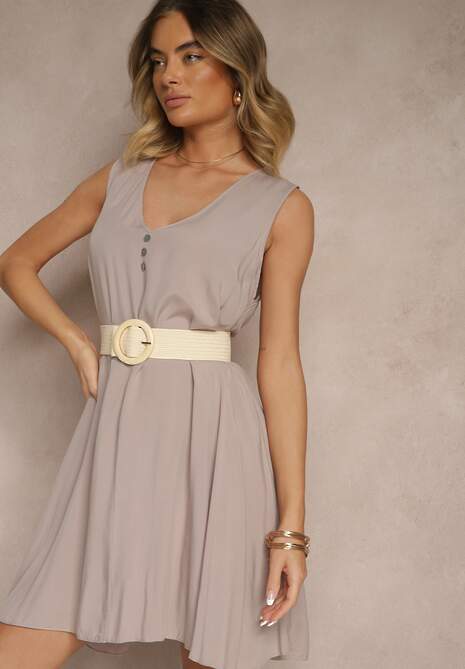 Jasnoszara Bawełniana Sukienka o Rozkloszowanym Kroju z Guzikami Folaisa