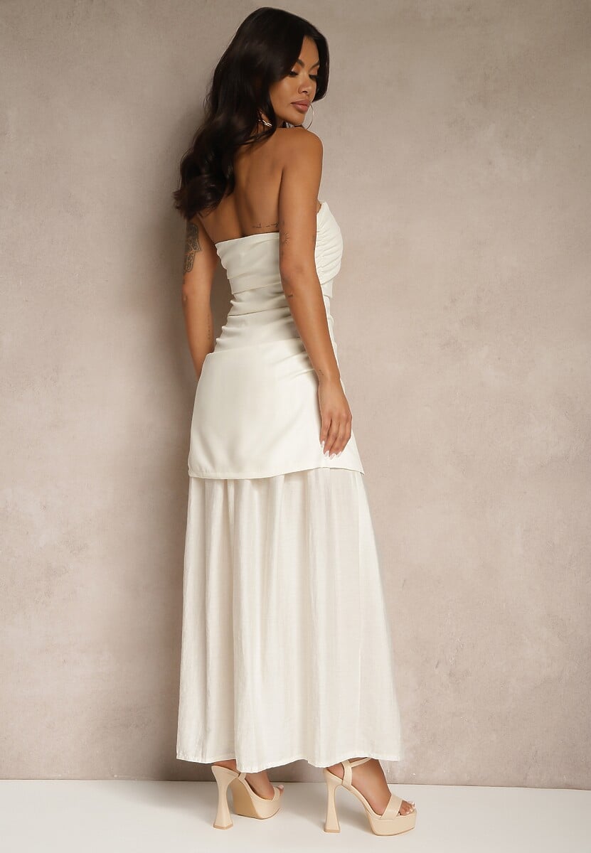 Beżowa Sukienka Koktajlowa z Dekoltem Bandeau Ozdobiona Marszczeniem Folimmea