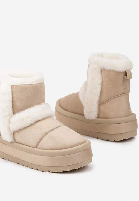 Beżowe Ekozamszowe Śniegowce na Platformie z Futrzanymi Wstawkami Mazini