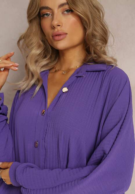 Ciemnofioletowa Sukienka Koszulowa Plisowana Giphi