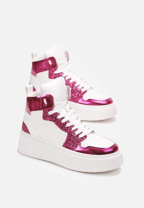 Biało-Fuksjowe Sznurowane Sneakersy za Kostkę z Brokatem i Metalicznymi Wstawkami Sareena
