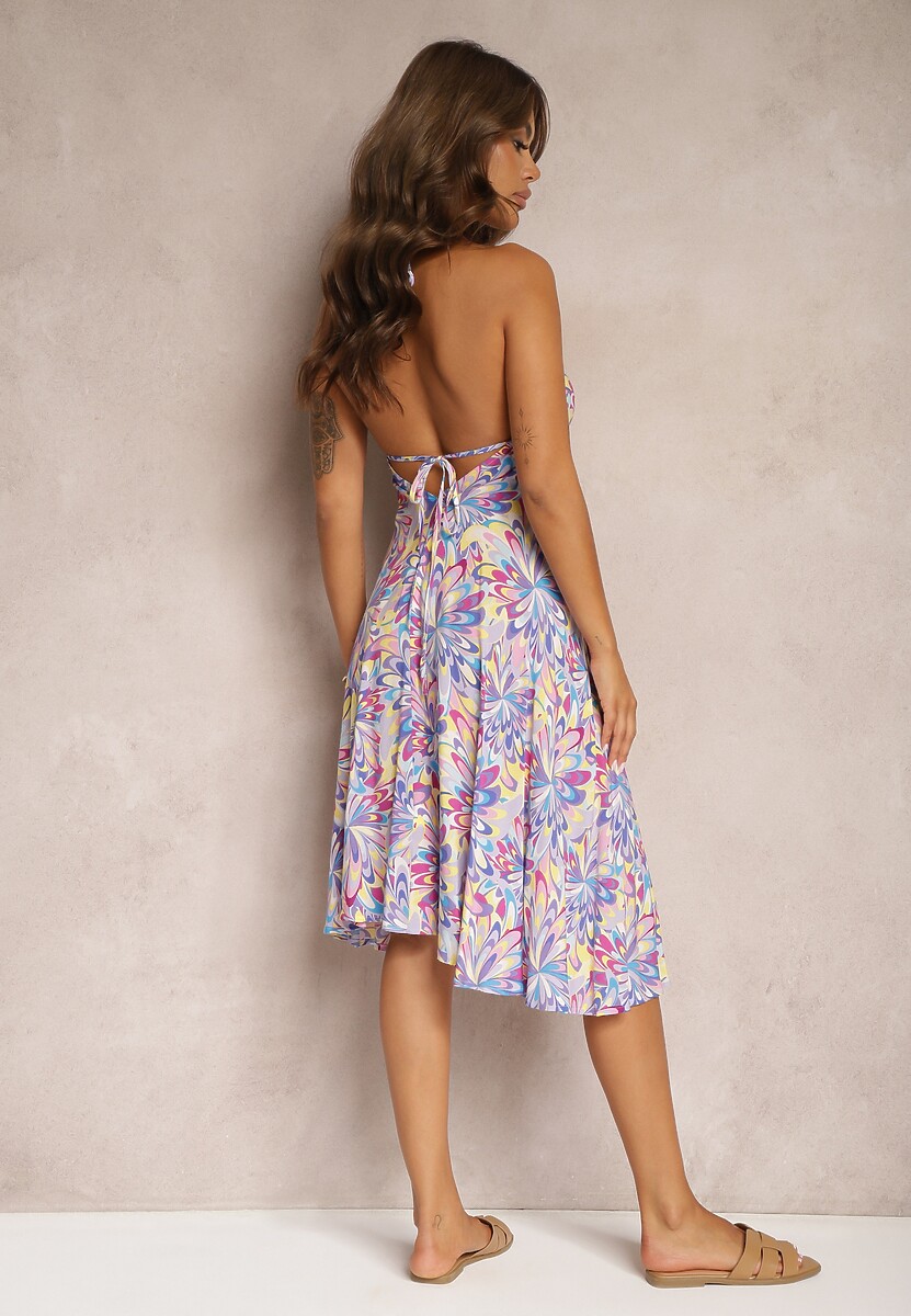 Niebieska Wiązana Sukienka z Bawełny o Rozkloszowanym Kroju Risaltis