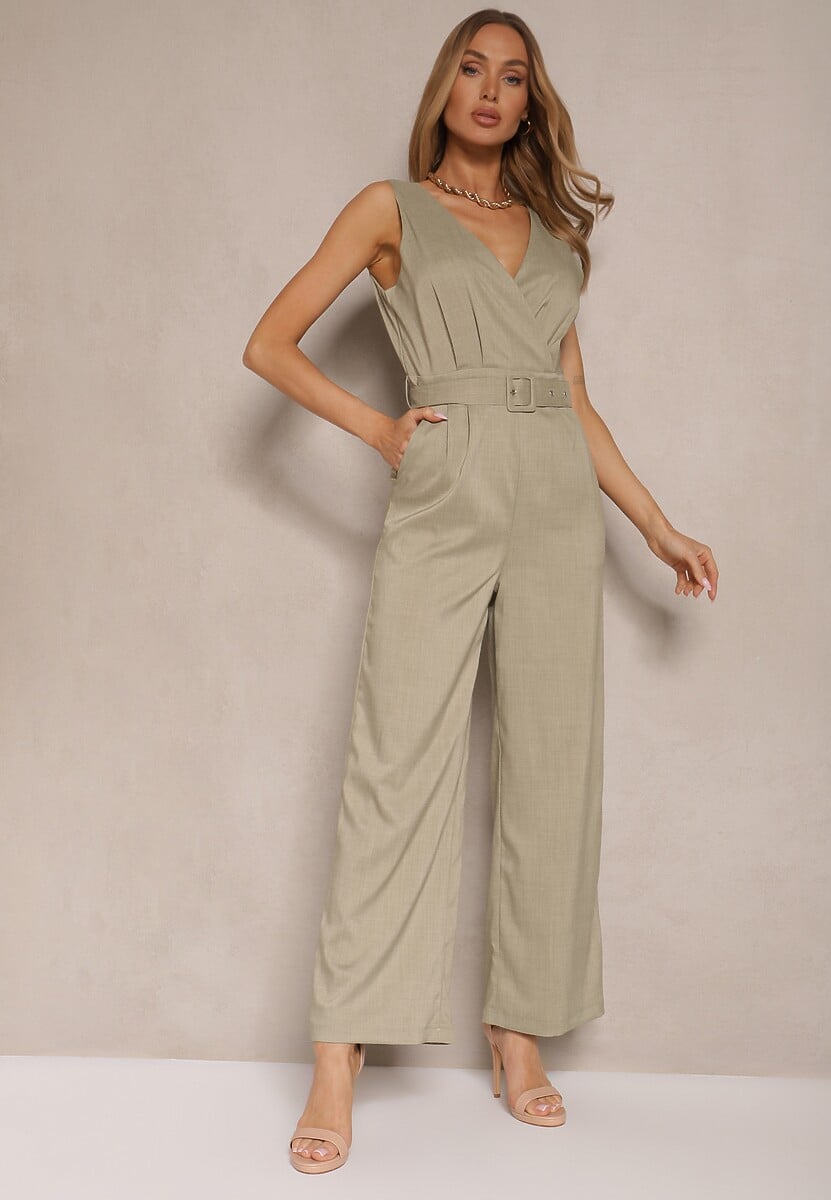 Jasnozielony Kombinezon z Długimi Spodniami Kopertowy z Paskiem w Talii Ronasia