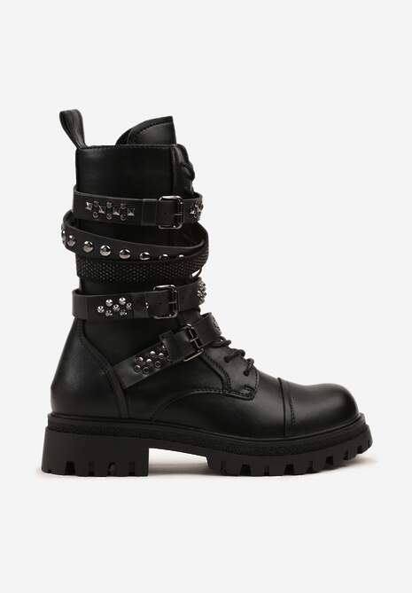 Czarne Rockowe Botki Workery Zdobione Nitami i Sprzączkami Zarumia