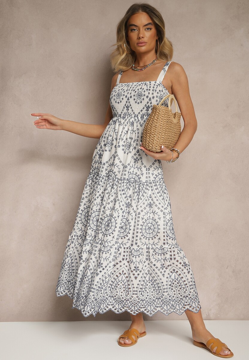 Granatowo-Biała Sukienka z Bawełny z Haftowanym Wzorem Sadiralle