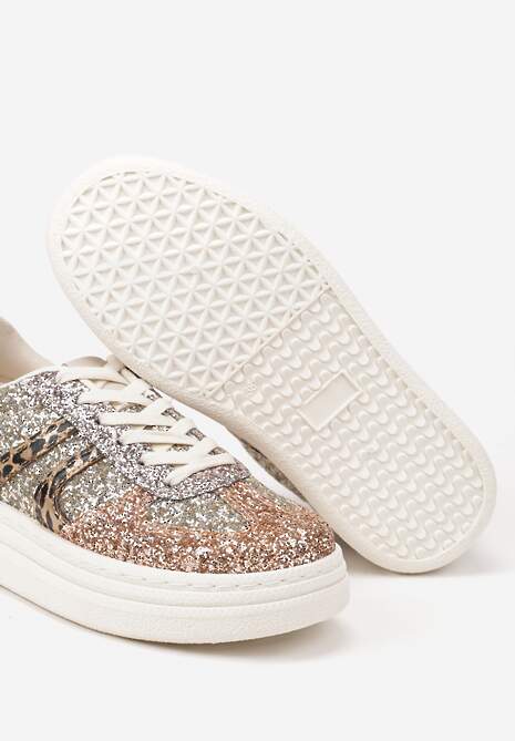 Beżowo-Złote Brokatowe Sneakersy na Niskiej Platformie Nevilinna
