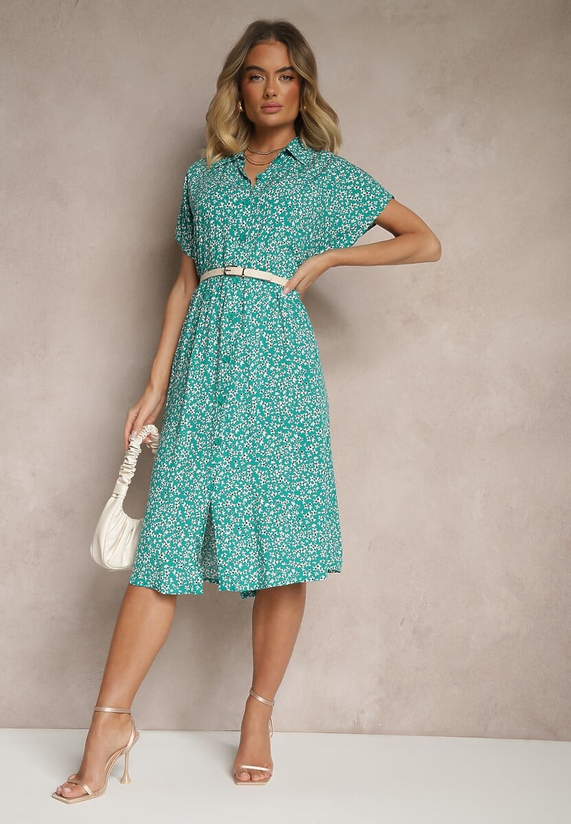 Czarno-Biała Koszulowa Sukienka z Bawełny w Kwiaty o Rozkloszowanym Fasonie Sarilon