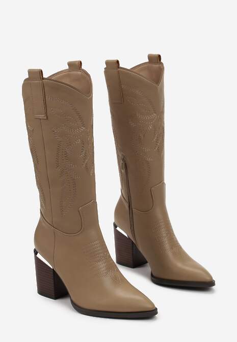 Ciemnobeżowe Kozaki na Obcasie w Stylu Kowbojek z Przeszyciami Puneia