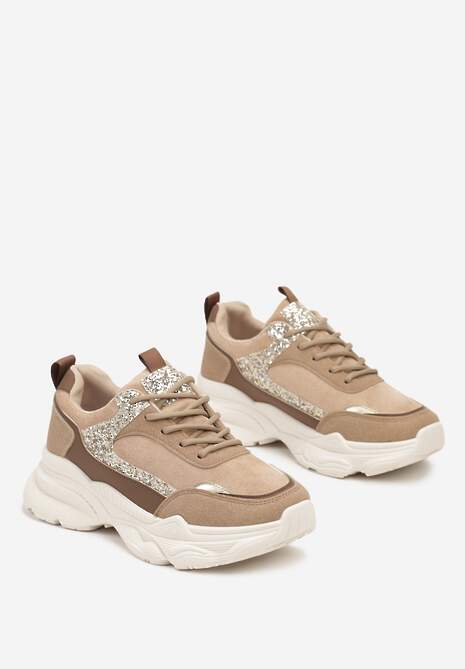 Ciemnobeżowe Sneakersy na Platformie z Tłoczeniem Ozdobione Cekinami Narisae