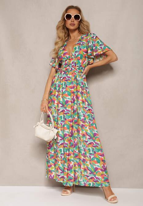 Zielono-Fioletowa Wiskozowa Sukienka z Gumką w Talii z Ozdobnymi Marszczeniami i Rozcięciem Glara