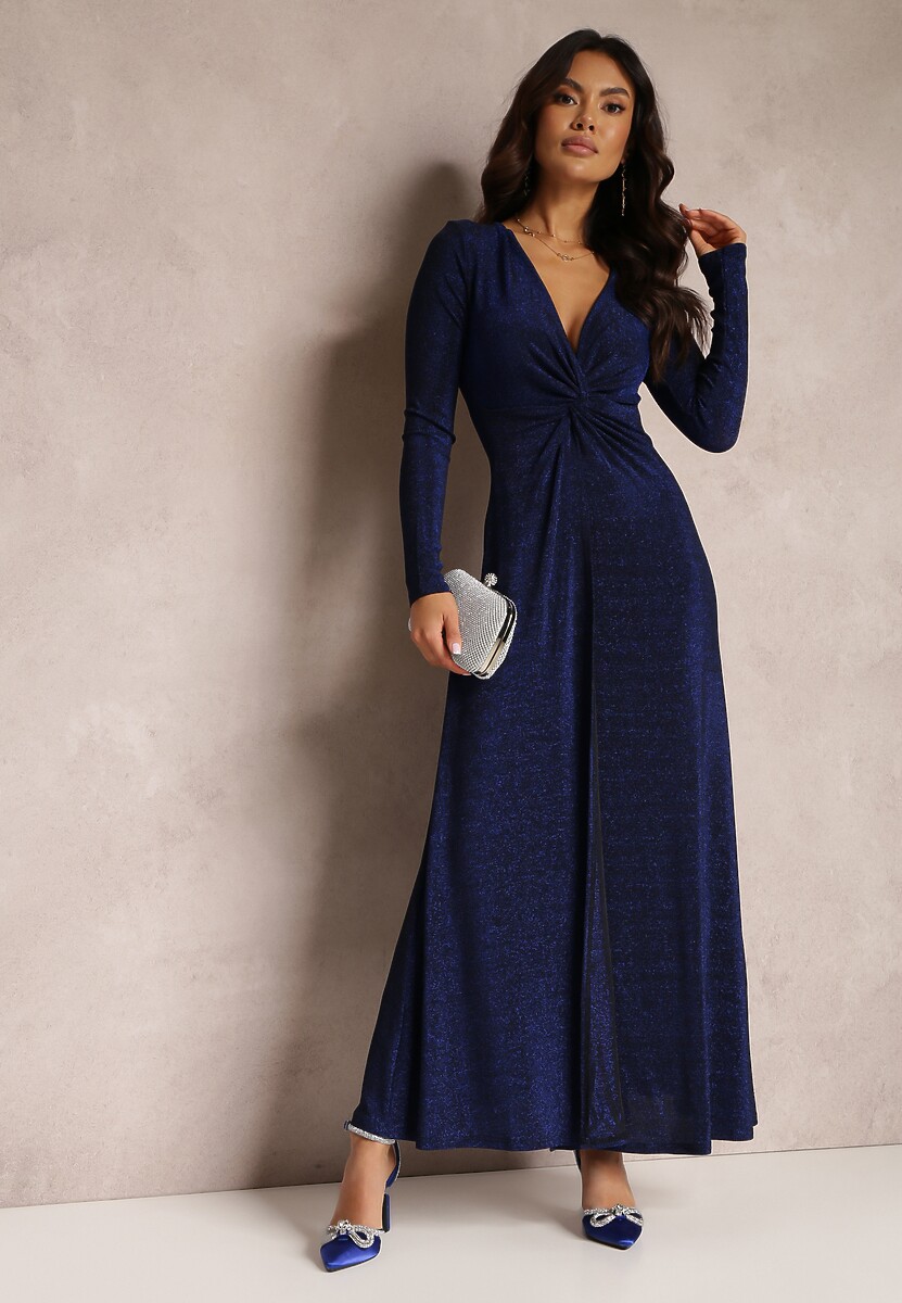Granatowa Sukienka z Marszczeniem przy Dekolcie Metaliczna Enemelle