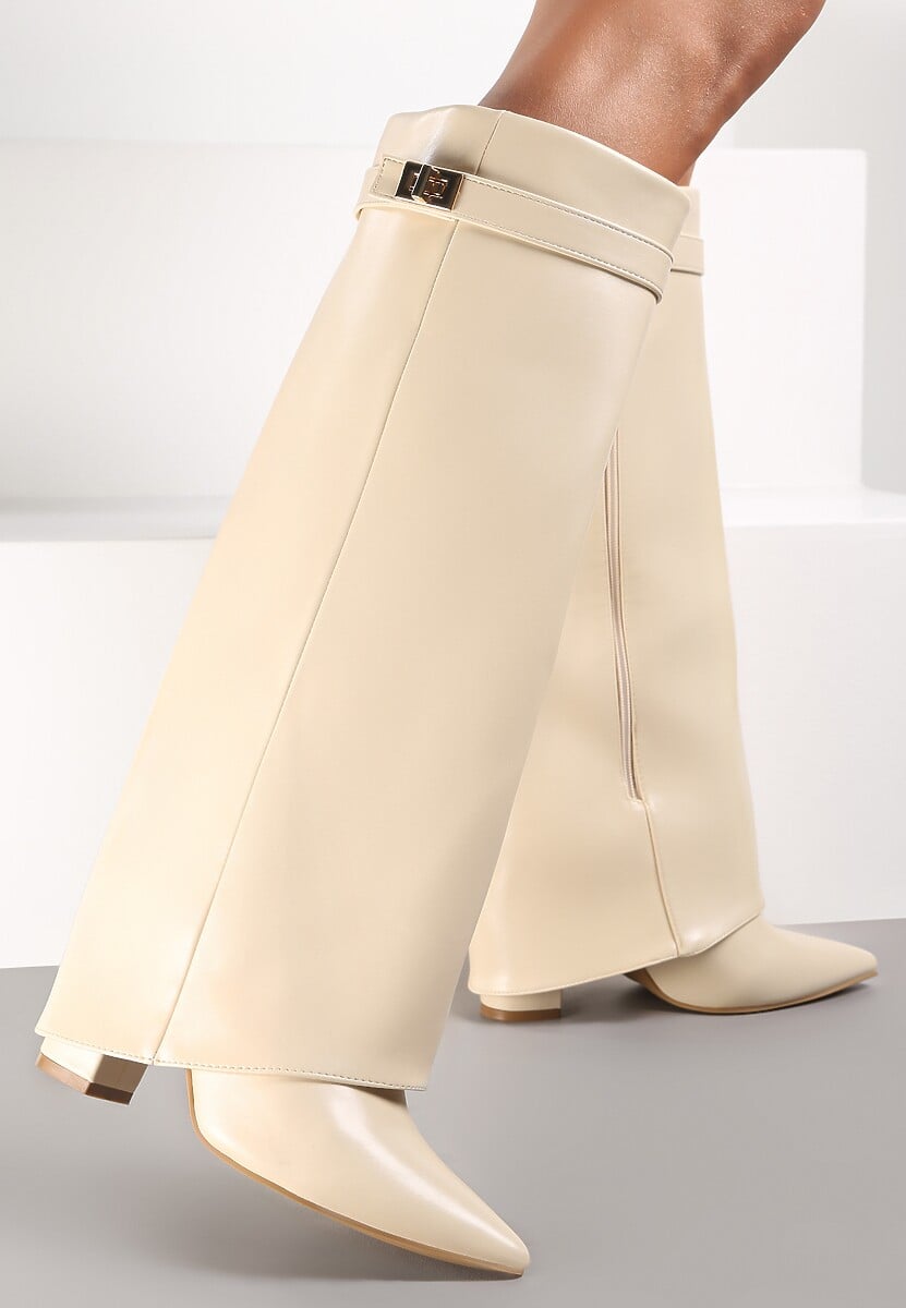 Beżowe Kozaki z Szeroką Cholewką i Szpiczastym Noskiem Sumehra