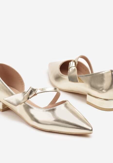 Złote Czółenka Vices na Płaskiej Podeszwie ze Skórzaną Wkładką z Supełkiem Liliarine