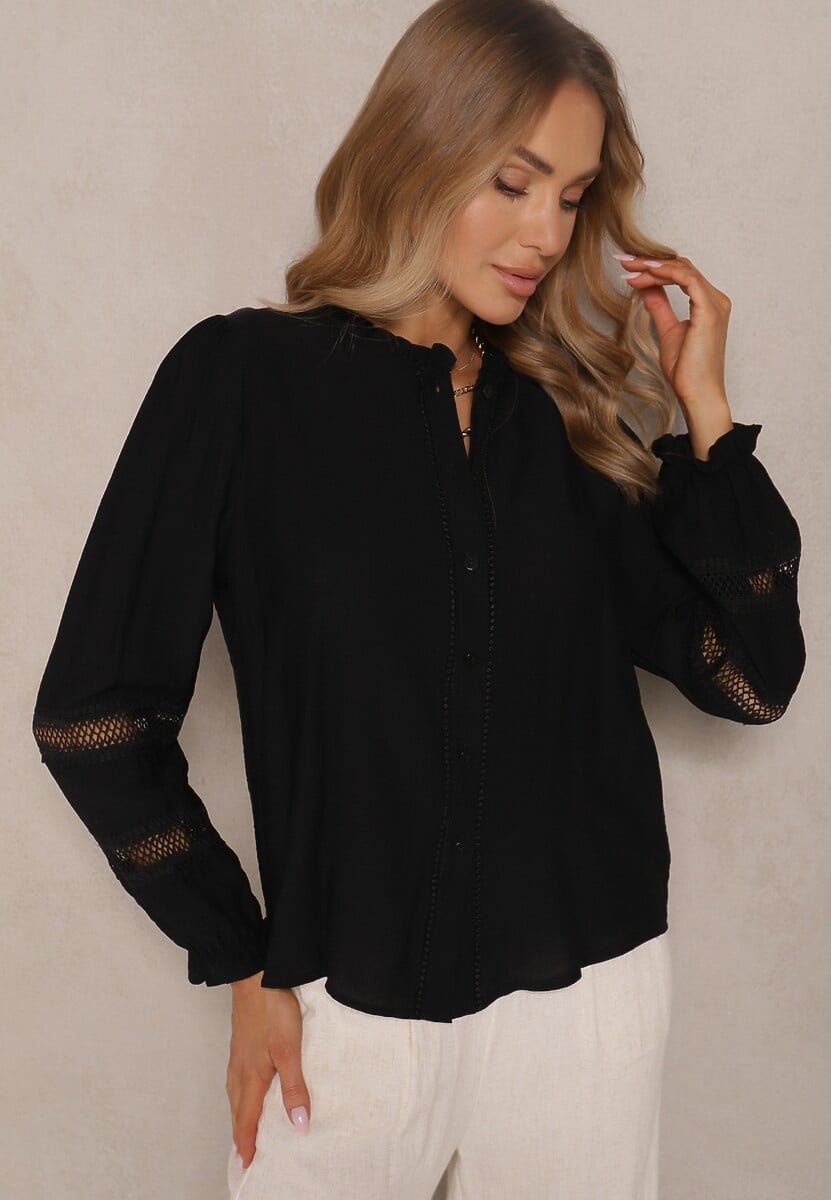 Beżowa Prosta Koszula z Wiskozy z Ozdobnymi Koronkowymi Wstawkami Cesiola