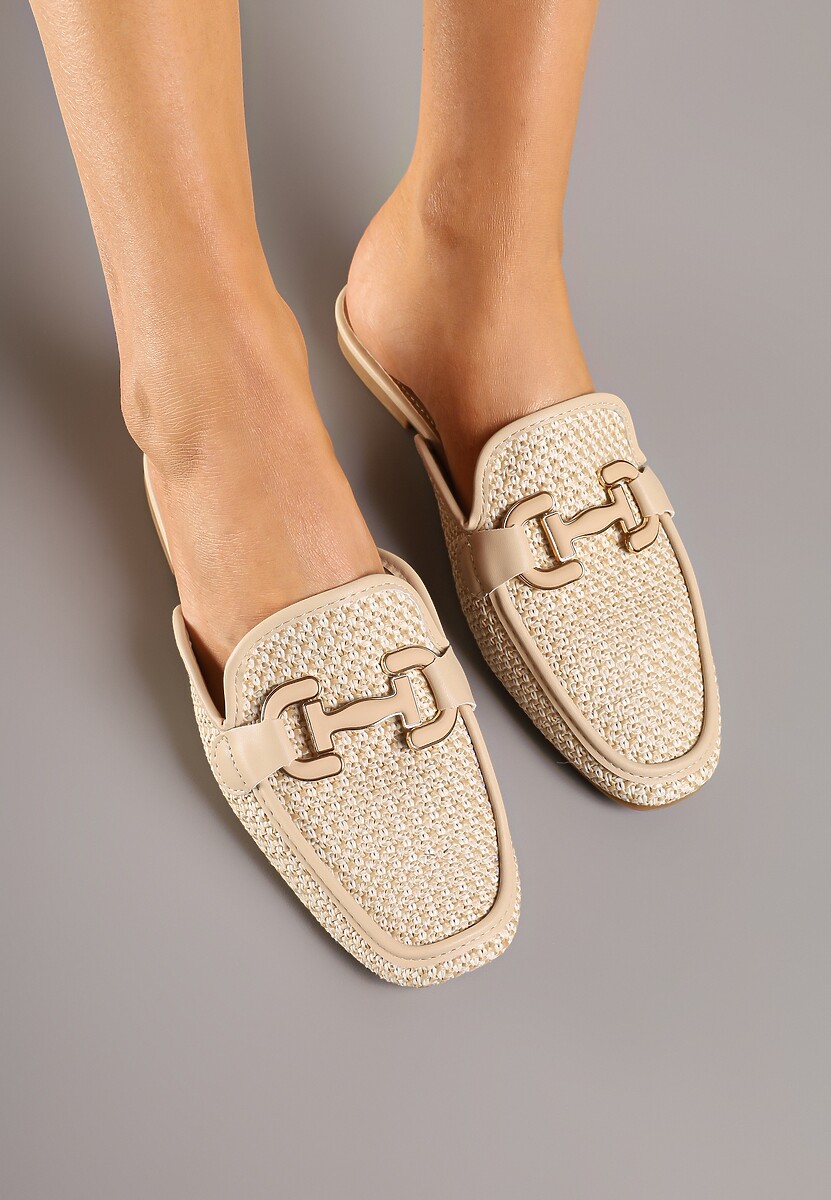 Beżowe Klapki Mule Zdobione Tweedem i Elegancką Aplikacją Sonelina