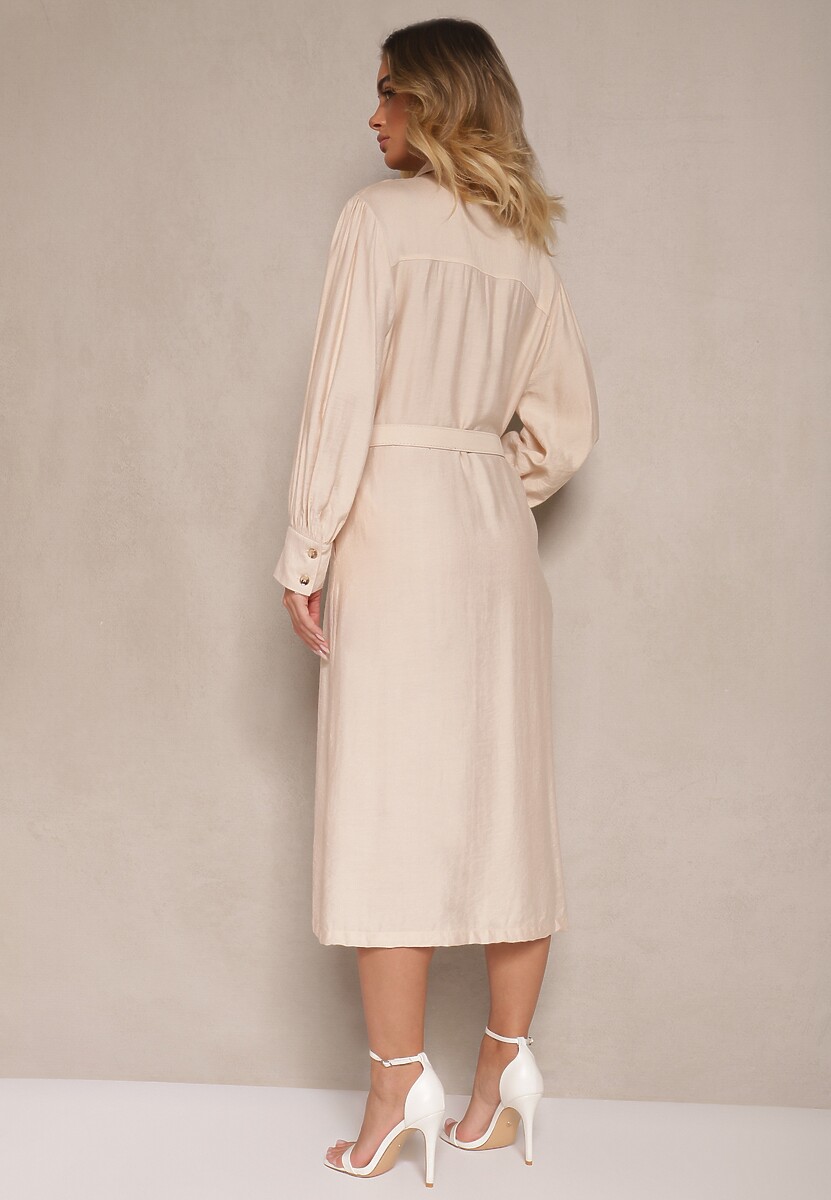 Beżowa Koszulowa Sukienka z Wiskozy z Paskiem z Klamrą i Kieszeniami Lisandrila