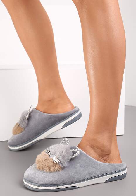 Szare Kapcie Futrzane z Kotkiem Leze