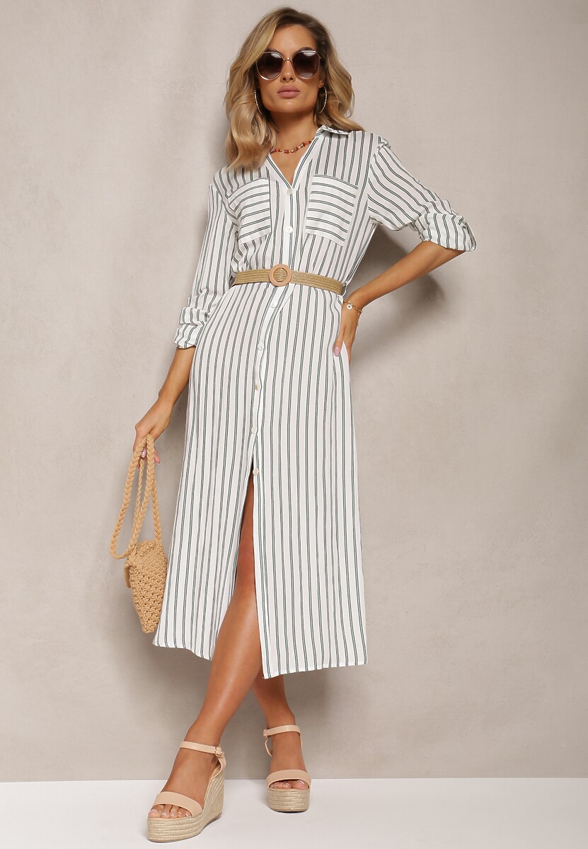 Biało-Niebieska Koszulowa Sukienka Midi w Paski z Lnem i Jasnym Plecionym Paskiem Efordia