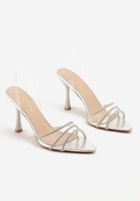 Srebrne Sandały Vices ze Skórzaną Wkładką Transparentną Cholewką i Cyrkoniami Novarissea