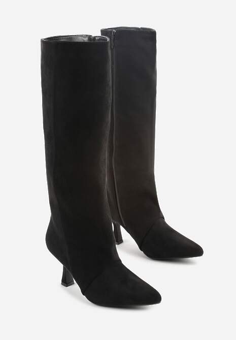 Czarne Kozaki z Imitacji Zamszu z Przeszywaną Cholewką i Obcasem Kaczuszka Anuvitte