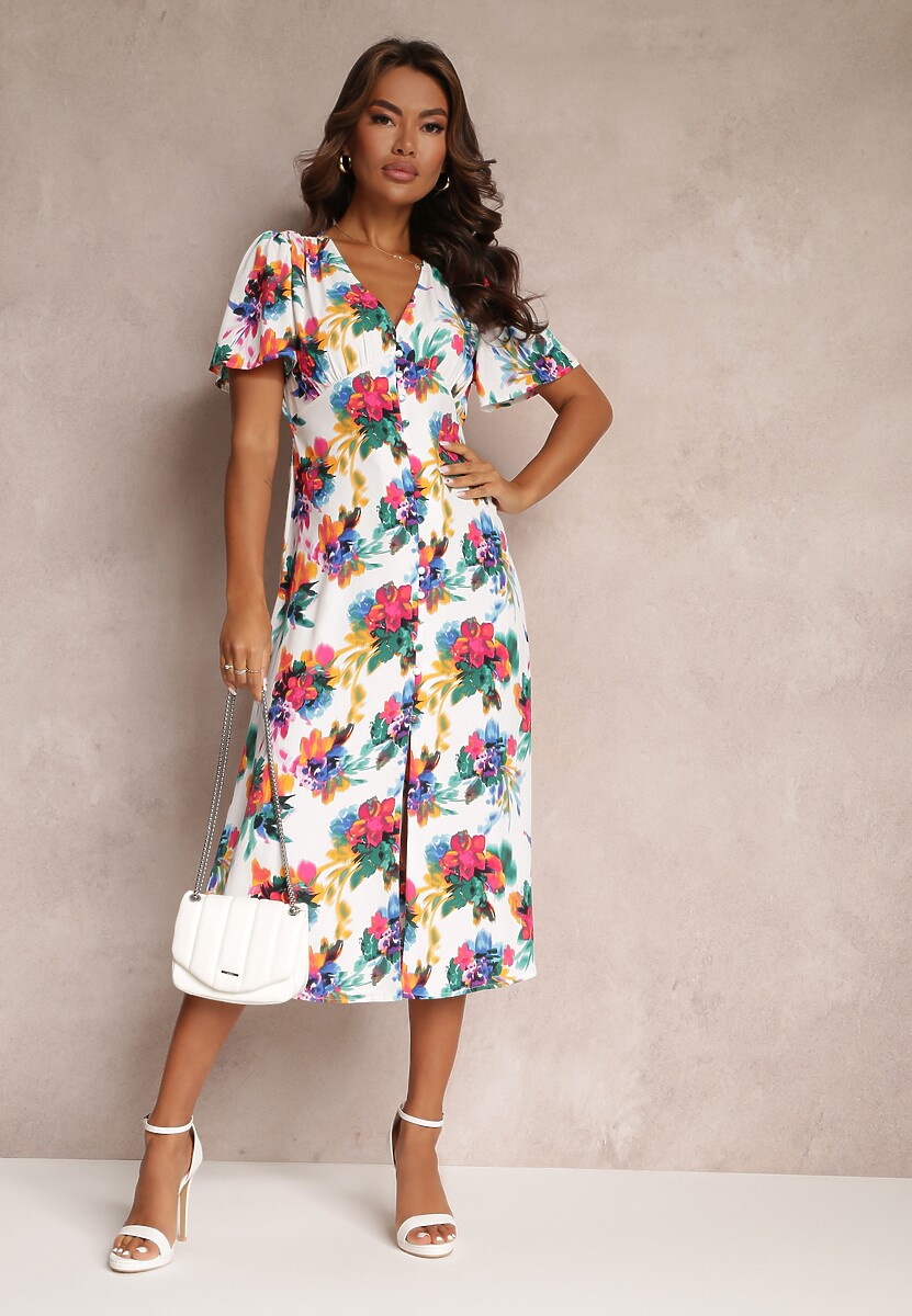 Biała Rozkloszowana Sukienka Midi z Krótkim Rękawem i Gumką w Talii Gelameda