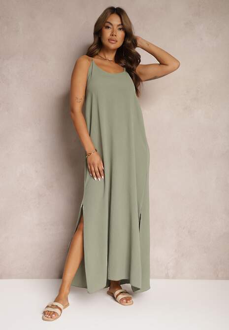 Zielona Sukienka na Ramiączkach o Taliowanym Kroju Rivatta