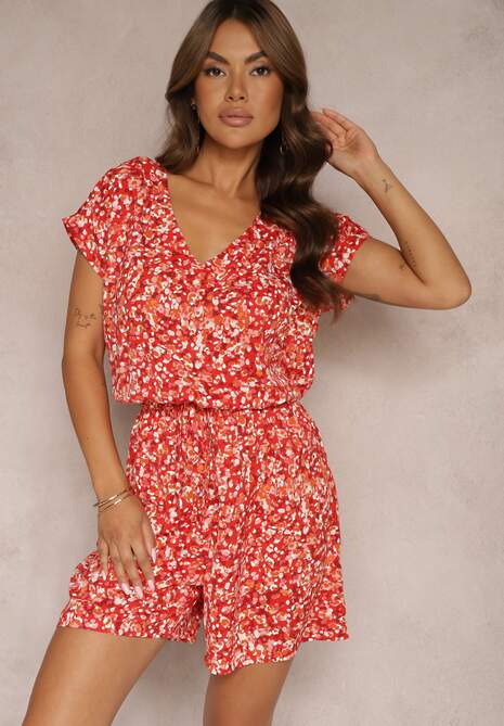 Czerwony Kwiecisty Kombinezon z Krótkimi Rękawami i Nogawkami Olyssa